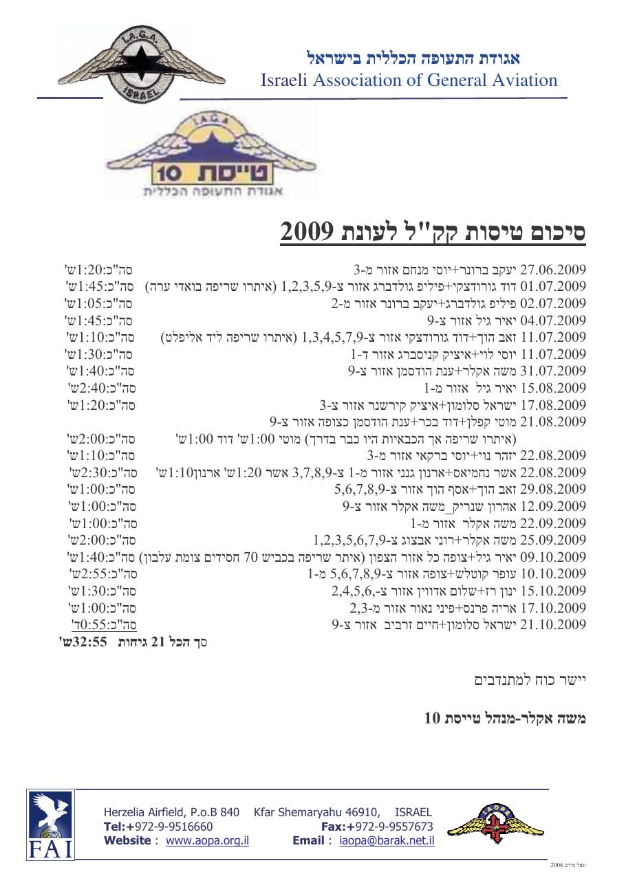 יכום טיסות קק"ל לעונת לשנת 2009 – עמוד 1