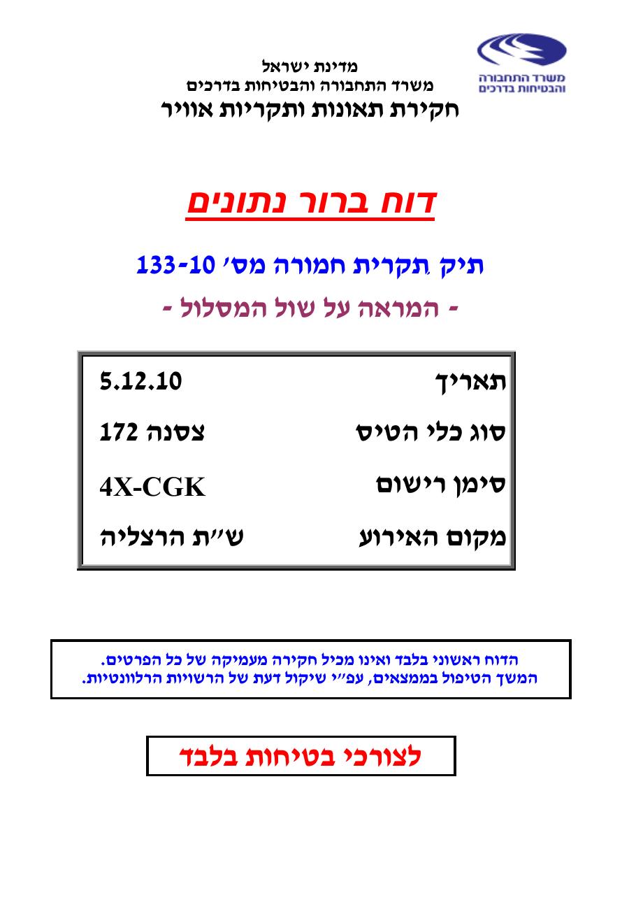 דוח מס.133-10  -המראה על שול המסלול    4X-CGK – עמוד 1